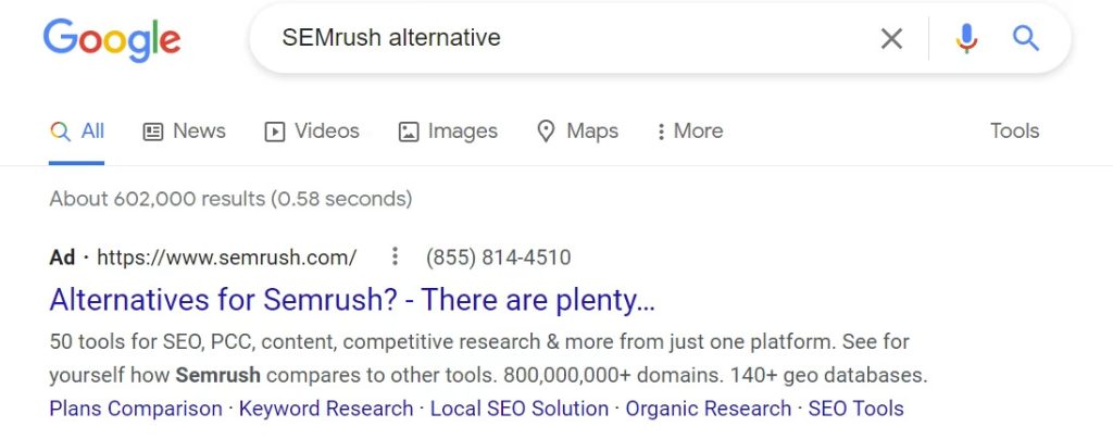 SEMrush Ad Copy Example